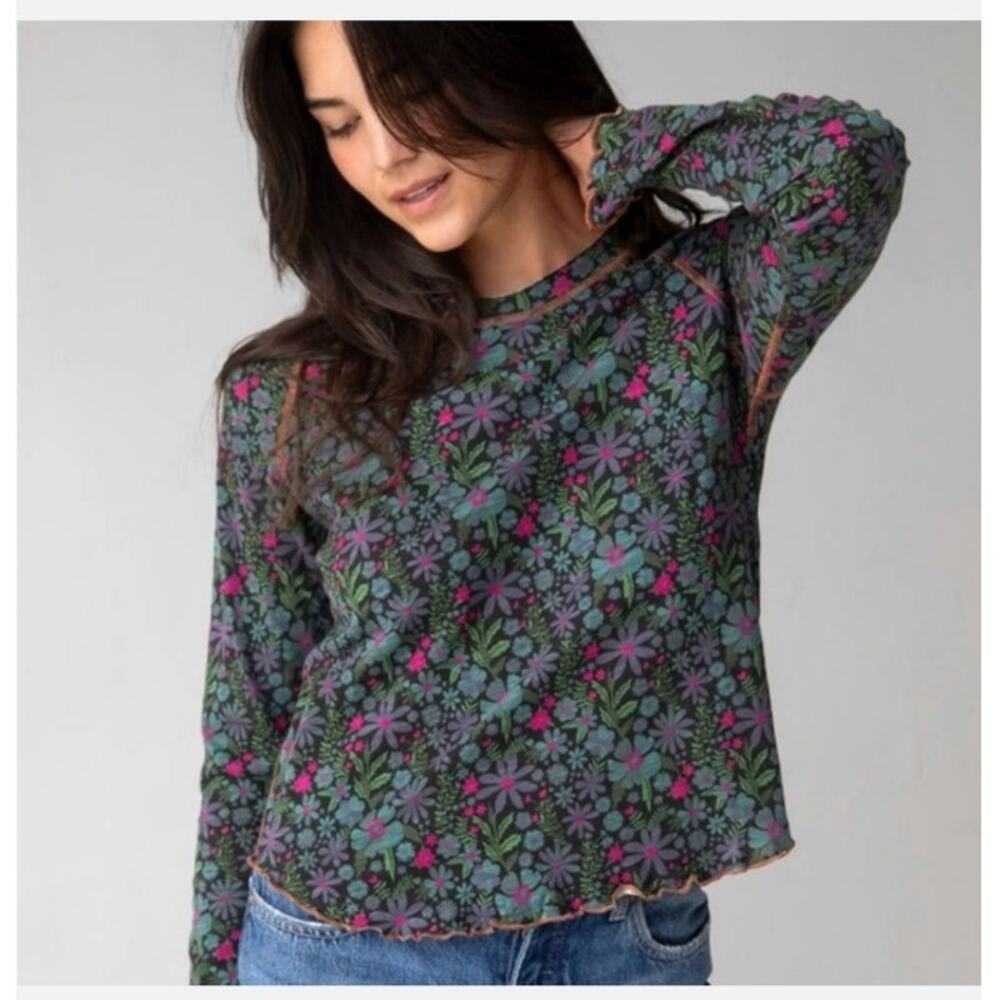 Natural Life Lily Floral Cotton Long Sleeve Top Blue Purple Round Neck Size S